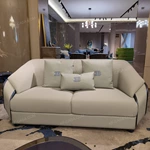 Light Beige Leather Sofa Set with Dark Blue High-Gloss Accents & Stainless Steel Trim